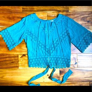 Tie back cropped lace peasant hippie boho blouse